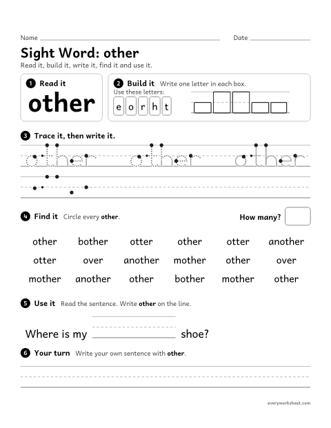 Preview of the printable “2nd grade sight Word: other” worksheet: reading, building, writing and finding the sight word "other"