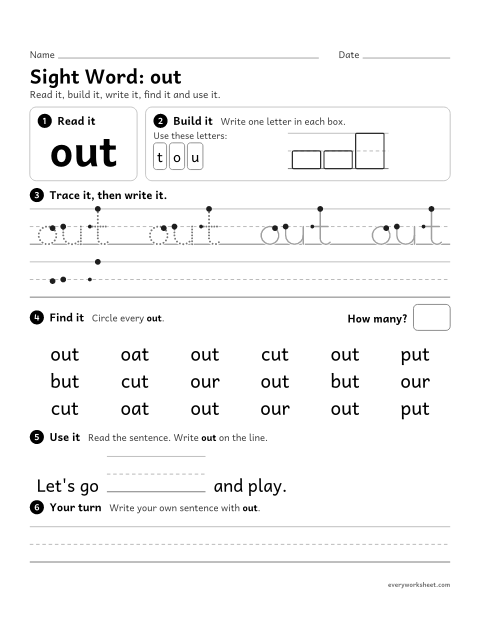 Preview of the printable “1st grade sight Word: out” worksheet: reading, building, writing and finding the sight word "out"