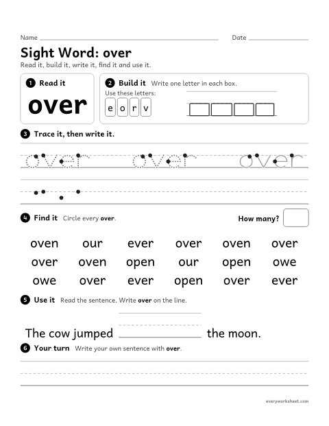 Preview of the printable “1st grade sight Word: over” worksheet: reading, building, writing and finding the sight word "over"