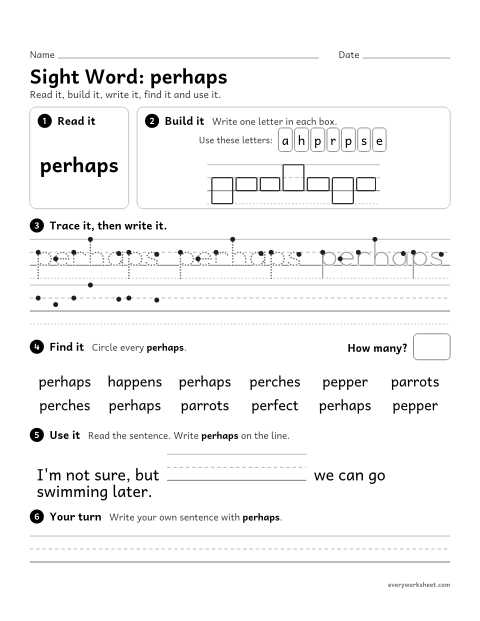 Preview of the printable “3rd grade sight Word: perhaps” worksheet: reading, spelling, writing and finding the sight word "perhaps"