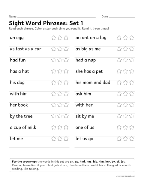 Preview of the printable “Sight word Phrases: set 1” worksheet: reading short phrases with the set 1 sight words smoothly