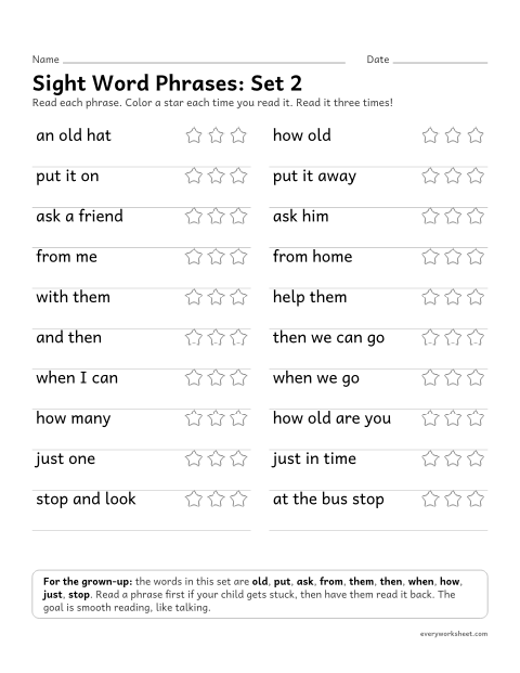 Preview of the printable “Sight word Phrases: set 2” worksheet: reading short phrases with the set 2 sight words smoothly