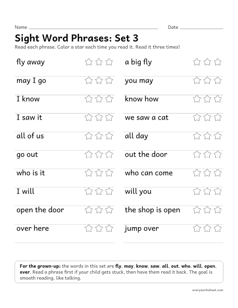 Preview of the printable “Sight word Phrases: set 3” worksheet: reading short phrases with the set 3 sight words smoothly