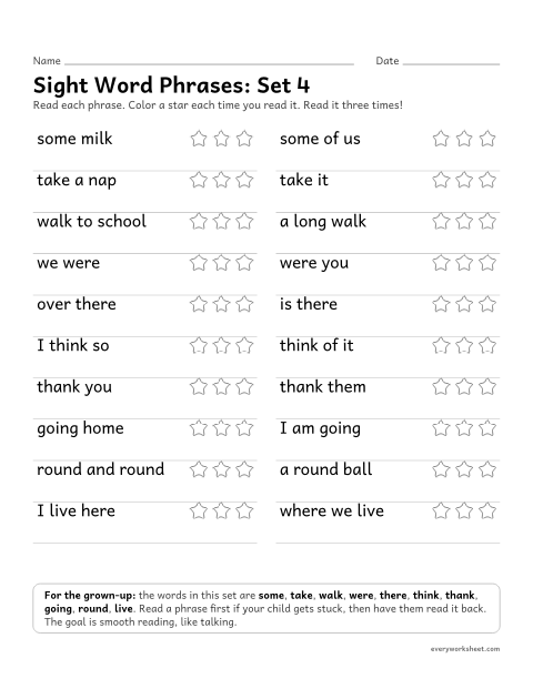 Preview of the printable “Sight word Phrases: set 4” worksheet: reading short phrases with the set 4 sight words smoothly
