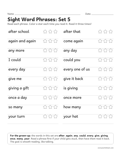Preview of the printable “Sight word Phrases: set 5” worksheet: reading short phrases with the set 5 sight words smoothly