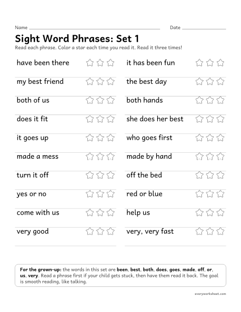 Preview of the printable “2nd grade sight word Phrases: set 1” worksheet: reading short phrases with the set 1 sight words smoothly
