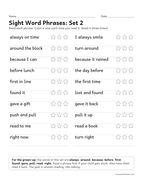 Preview of the printable “2nd grade sight word Phrases: set 2” worksheet: reading short phrases with the set 2 sight words smoothly