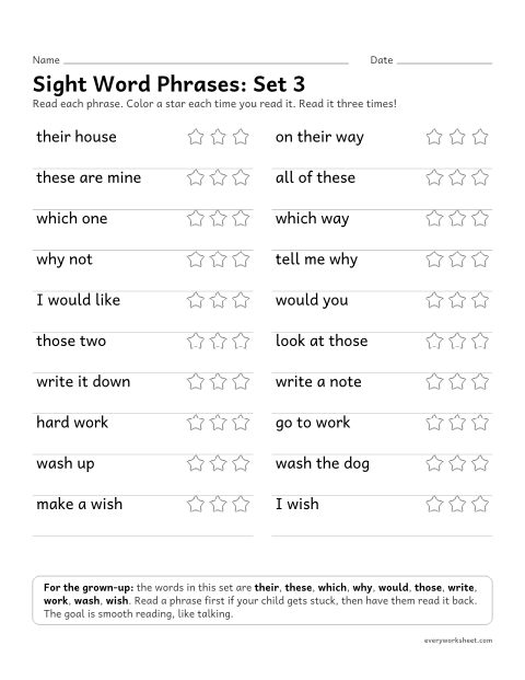 Preview of the printable “2nd grade sight word Phrases: set 3” worksheet: reading short phrases with the set 3 sight words smoothly