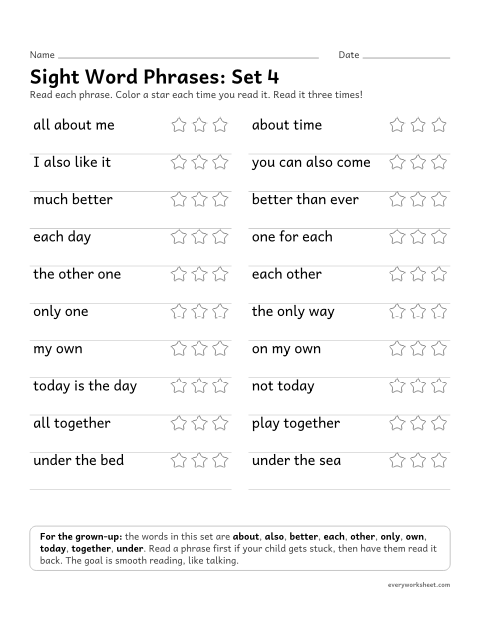 Preview of the printable “2nd grade sight word Phrases: set 4” worksheet: reading short phrases with the set 4 sight words smoothly