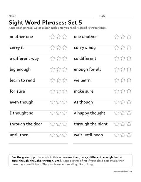 Preview of the printable “2nd grade sight word Phrases: set 5” worksheet: reading short phrases with the set 5 sight words smoothly