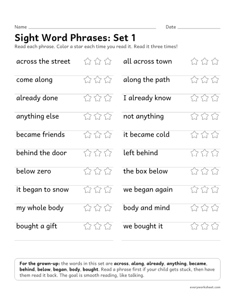 Preview of the printable “3rd grade sight word Phrases: set 1” worksheet: reading short phrases with the set 1 sight words smoothly