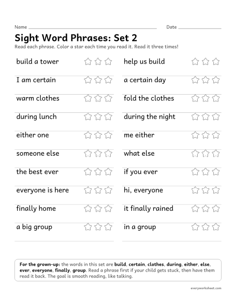 Preview of the printable “3rd grade sight word Phrases: set 2” worksheet: reading short phrases with the set 2 sight words smoothly
