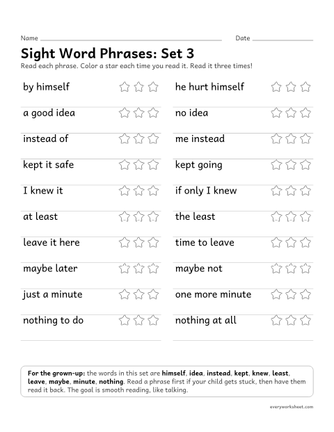 Preview of the printable “3rd grade sight word Phrases: set 3” worksheet: reading short phrases with the set 3 sight words smoothly