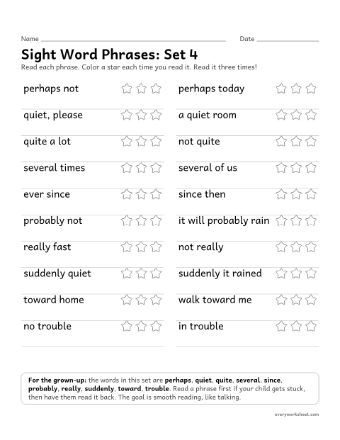 Preview of the printable “3rd grade sight word Phrases: set 4” worksheet: reading short phrases with the set 4 sight words smoothly