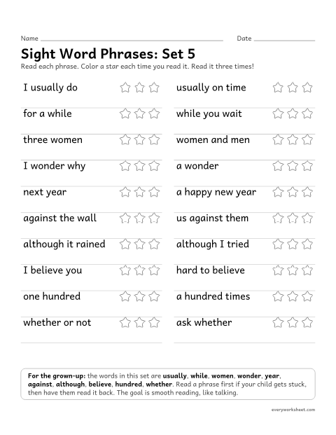 Preview of the printable “3rd grade sight word Phrases: set 5” worksheet: reading short phrases with the set 5 sight words smoothly