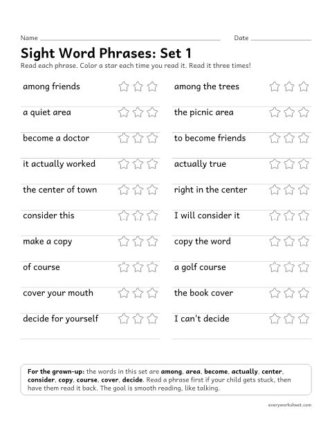 Preview of the printable “4th grade sight word Phrases: set 1” worksheet: reading short phrases with the set 1 sight words smoothly