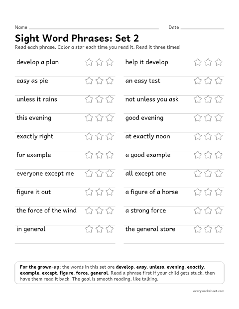 Preview of the printable “4th grade sight word Phrases: set 2” worksheet: reading short phrases with the set 2 sight words smoothly
