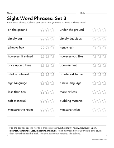 Preview of the printable “4th grade sight word Phrases: set 3” worksheet: reading short phrases with the set 3 sight words smoothly