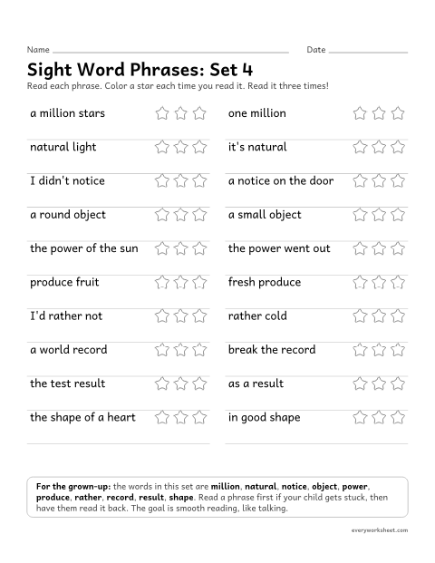 Preview of the printable “4th grade sight word Phrases: set 4” worksheet: reading short phrases with the set 4 sight words smoothly