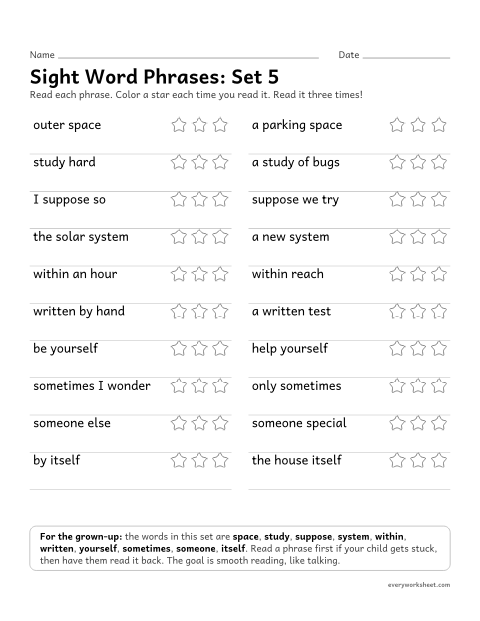 Preview of the printable “4th grade sight word Phrases: set 5” worksheet: reading short phrases with the set 5 sight words smoothly