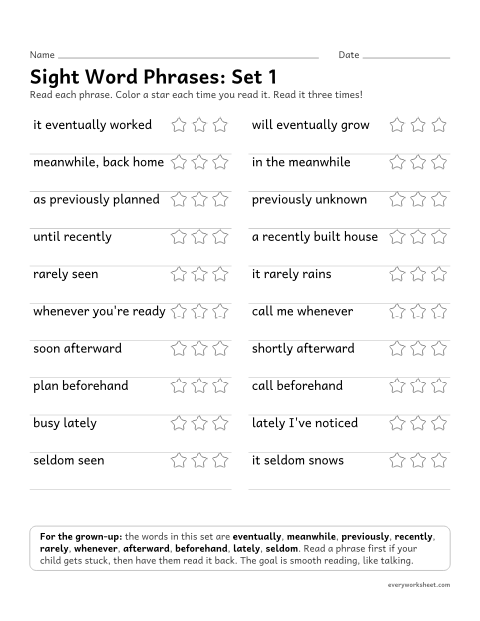 Preview of the printable “5th grade sight word Phrases: set 1” worksheet: reading short phrases with the set 1 high-frequency words smoothly