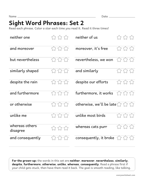 Preview of the printable “5th grade sight word Phrases: set 2” worksheet: reading short phrases with the set 2 high-frequency words smoothly