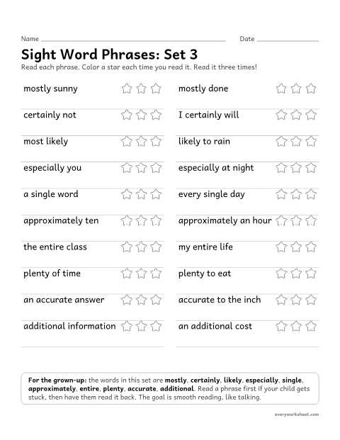 Preview of the printable “5th grade sight word Phrases: set 3” worksheet: reading short phrases with the set 3 high-frequency words smoothly