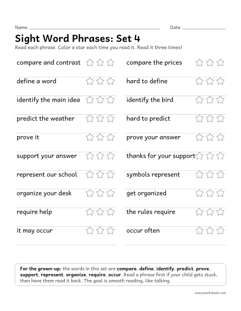 Preview of the printable “5th grade sight word Phrases: set 4” worksheet: reading short phrases with the set 4 high-frequency words smoothly