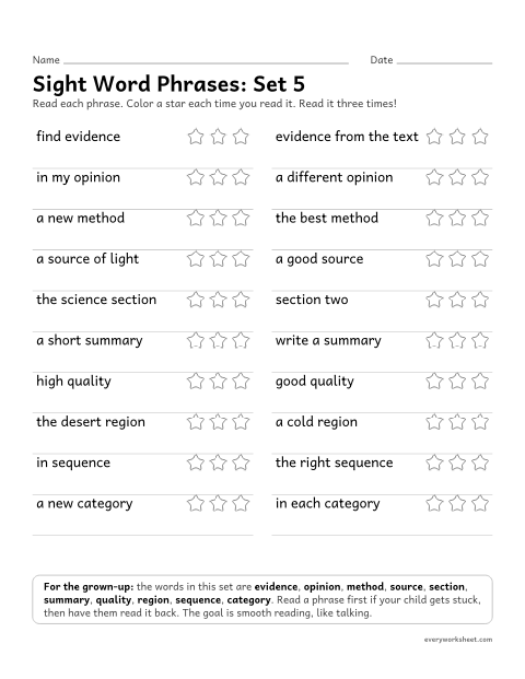 Preview of the printable “5th grade sight word Phrases: set 5” worksheet: reading short phrases with the set 5 high-frequency words smoothly