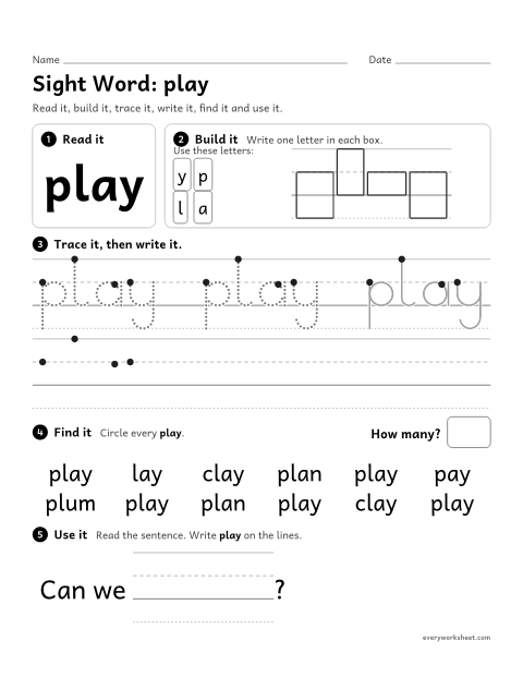 Preview of the printable “Sight Word: play” worksheet: reading and writing the sight word "play"