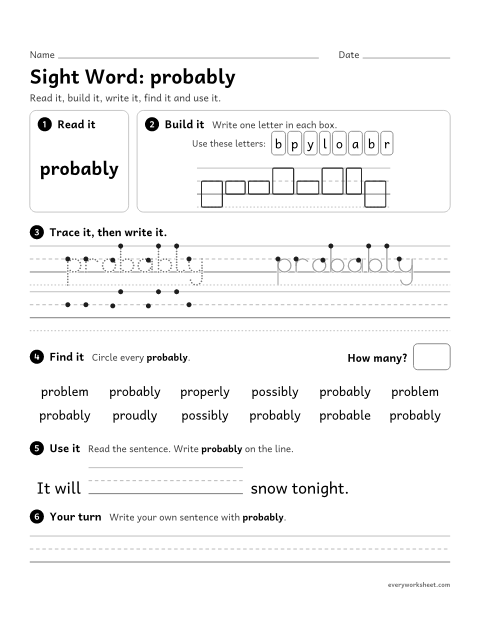 Preview of the printable “3rd grade sight Word: probably” worksheet: reading, spelling, writing and finding the sight word "probably"
