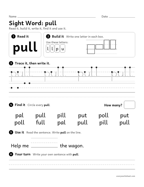 Preview of the printable “2nd grade sight Word: pull” worksheet: reading, building, writing and finding the sight word "pull"