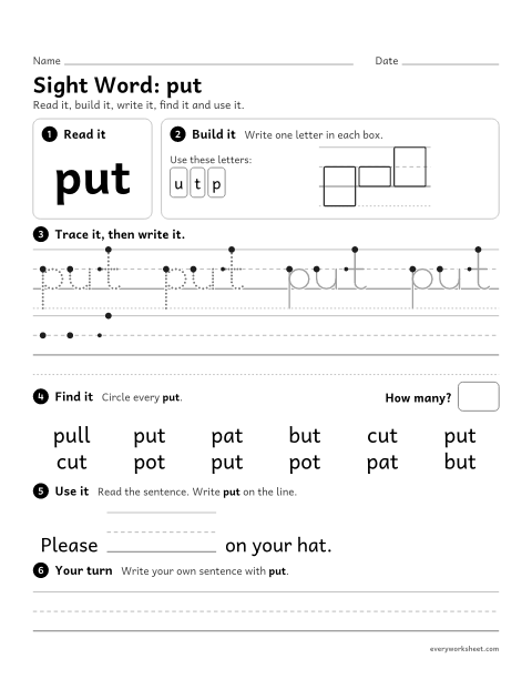 Preview of the printable “1st grade sight Word: put” worksheet: reading, building, writing and finding the sight word "put"