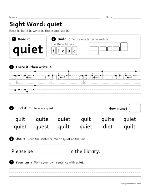 Preview of the printable “3rd grade sight Word: quiet” worksheet: reading, spelling, writing and finding the sight word "quiet"