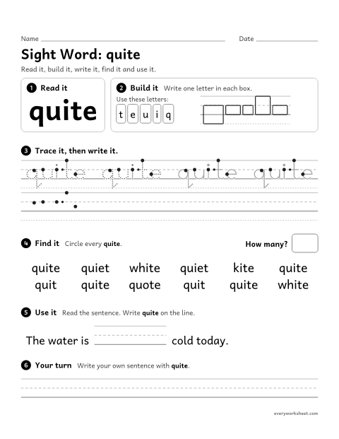 Preview of the printable “3rd grade sight Word: quite” worksheet: reading, spelling, writing and finding the sight word "quite"