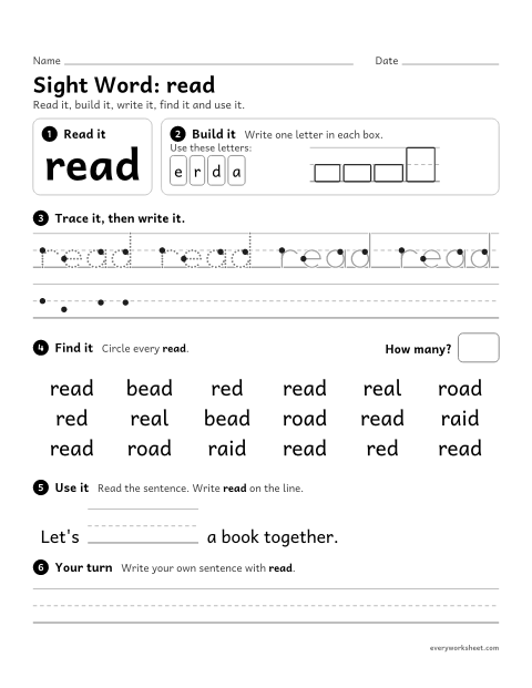 Preview of the printable “2nd grade sight Word: read” worksheet: reading, building, writing and finding the sight word "read"