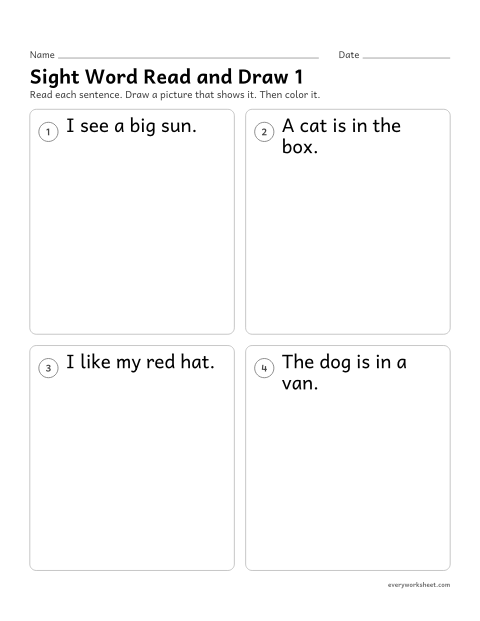 Preview of the printable “Sight word read and draw 1” worksheet: reading a sight word sentence and drawing what it says
