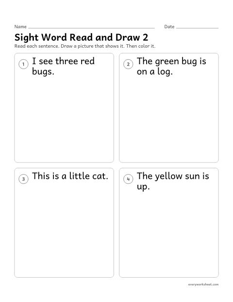 Preview of the printable “Sight word read and draw 2” worksheet: reading a sight word sentence and drawing what it says