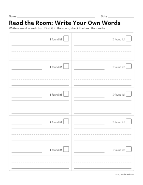 Preview of the printable “Read the Room: write your own words” worksheet: finding, reading and writing any sight words around the room