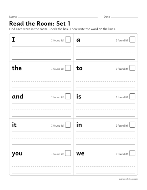 Preview of the printable “Read the Room: set 1” worksheet: finding, reading and writing sight words 1-10 around the room