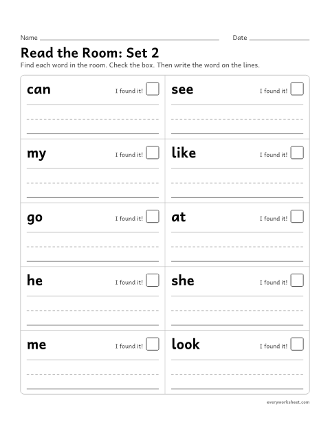 Preview of the printable “Read the Room: set 2” worksheet: finding, reading and writing sight words 11-20 around the room