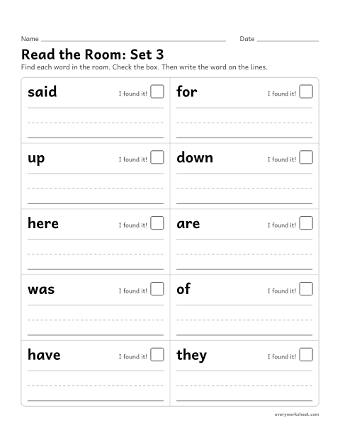 Preview of the printable “Read the Room: set 3” worksheet: finding, reading and writing sight words 21-30 around the room