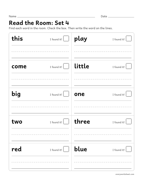 Preview of the printable “Read the Room: set 4” worksheet: finding, reading and writing sight words 31-40 around the room
