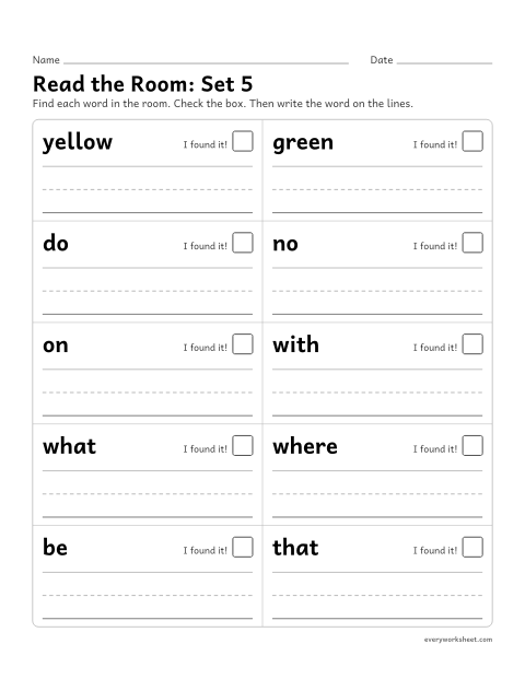 Preview of the printable “Read the Room: set 5” worksheet: finding, reading and writing sight words 41-50 around the room