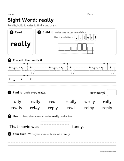 Preview of the printable “3rd grade sight Word: really” worksheet: reading, spelling, writing and finding the sight word "really"