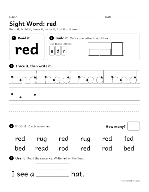 Preview of the printable “Sight Word: red” worksheet: reading and writing the sight word "red"