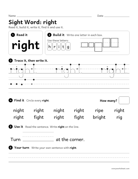 Preview of the printable “2nd grade sight Word: right” worksheet: reading, building, writing and finding the sight word "right"
