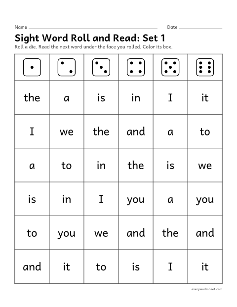 Preview of the printable “Sight word roll and Read: set 1” worksheet: reading sight words 1-10 in a dice game