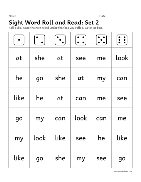 Preview of the printable “Sight word roll and Read: set 2” worksheet: reading sight words 11-20 in a dice game