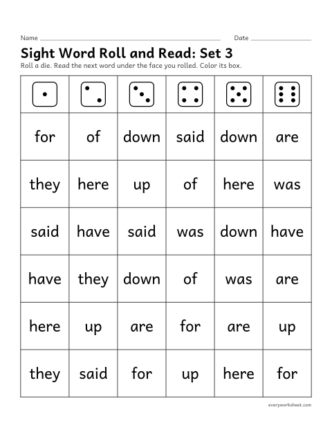 Preview of the printable “Sight word roll and Read: set 3” worksheet: reading sight words 21-30 in a dice game